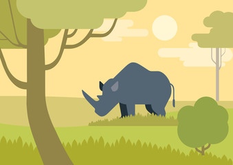 Rhino savanna flat design cartoon vector wild animals