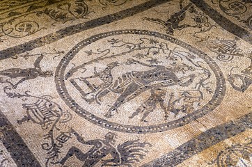 Fototapeta na wymiar Mosaics of the archaeological site, Tindarys, Sicily.
