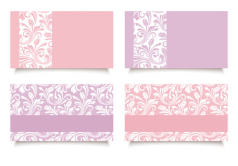 Pink and purple business cards with floral patterns. Vector.