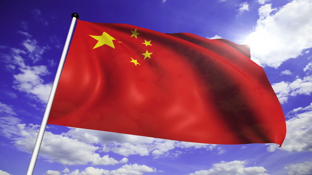 flag of China with fabric structure against a cloudy sky