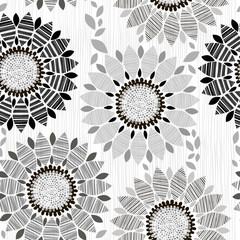 Monochrome seamless pattern of abstract flowers.