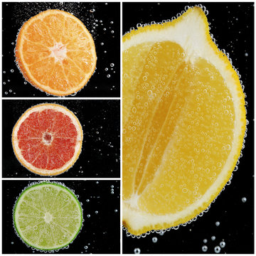 Collage of fruit in water with bubbles on black background