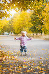 happy playful baby in the autumn park