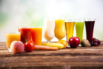 Fruits, vegetables, fruit juices, vegetable juices, healthy food