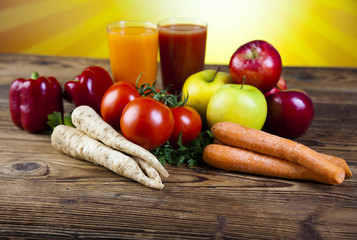 Fruits, vegetables, fruit juices, vegetable juices, healthy food