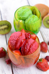 Delicious ice cream on table close-up