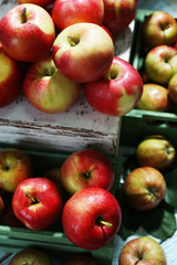 Juicy apples in box, close-up