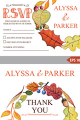 Autumn wedding template set.Watercolor leaves wreath
