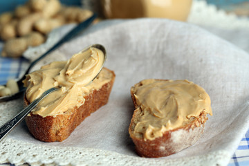 Tasty sandwiches with fresh peanut butter, close up