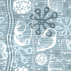 Marine seamless pattern. Hand drawn vector illustration with sea