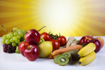 Fruits, vegetables, fruit juices, vegetable juices, healthy food