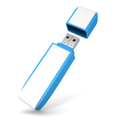 Blue USB flash drive on white background