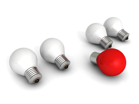 different red idea light bulb on white