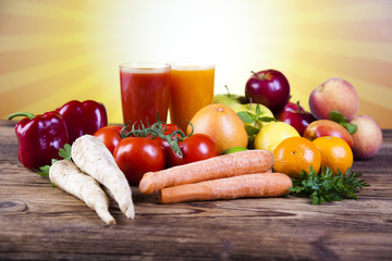 Fruits, vegetables, fruit juices, vegetable juices, healthy food