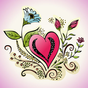 Floral heart illustration - decorative flowering garden