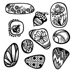 Vector Set of Ornate Pebbles. Collection of Patterned Deco Eleme