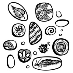 Vector Set of Ornate Pebbles. Collection of Patterned Deco Eleme