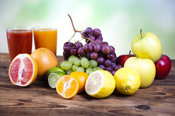 Fruits, vegetables, fruit juices, vegetable juices, healthy food