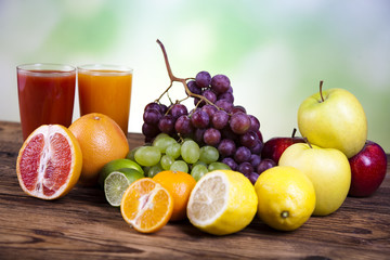 Fruits, vegetables, fruit juices, vegetable juices, healthy food