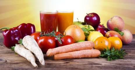 Fruits, vegetables, fruit juices, vegetable juices, healthy food
