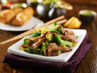 chinese beef and broccoli  stir fry with sides