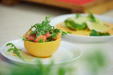 salad in grapefruit peel
