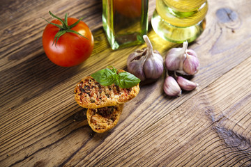 Fresh olive oil ,baguettes, olives 