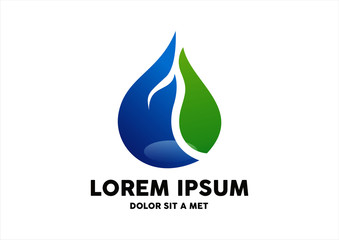 Water drop & green leaf hand ecology green vector design logo