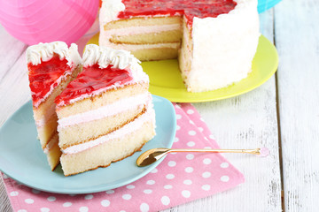 Strawberry cake on table close-up