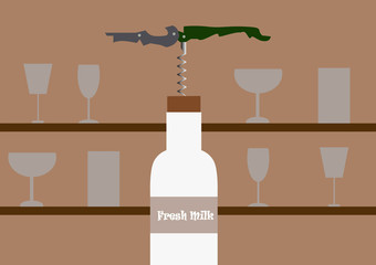Milk bottle open by Corkscrew Vector illustration