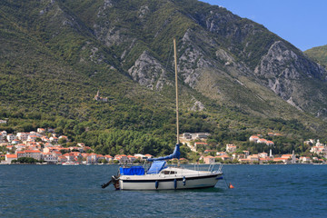 Fototapeta na wymiar Fishing motor boat in the Bay of Kotor in Montenegro