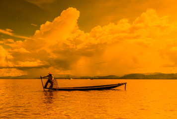  Myanmar fisherman at Inle lake catch fish with tradition style