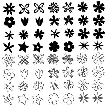 Set of flat flower icons in silhouette isolated on white. Simple