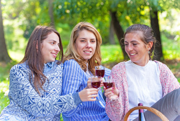 Three girlfriends drinking wine in nature