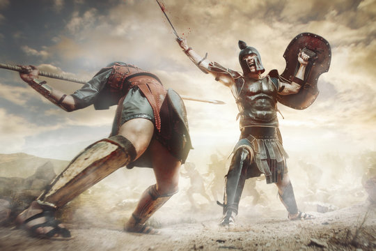 Ancient Greek warriors Achillesand Hector fighting in the combat