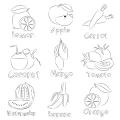 Illustration of the doodle sets of fruits on a white background