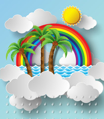 Fototapeta na wymiar Tropical palm on clouds with rainbow.vector illustration.
