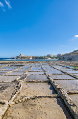 Salt pans near Qbajjar in Gozo, Malta.