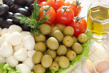 Mozzarella cheese, black and green olives, cherry tomatoes are o
