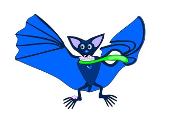 Cute blue bat brushing teeth