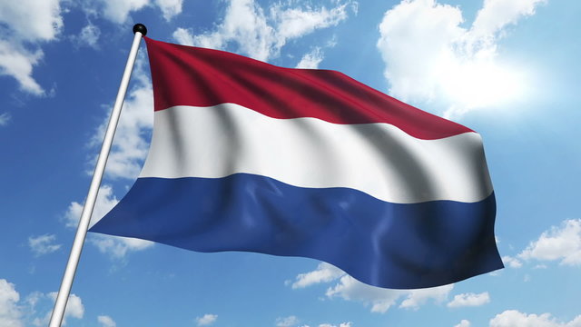 flag of Netherlands with fabric structure against a cloudy sky