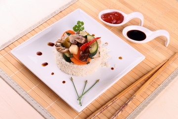 Chicken meat, asian rice, zucchini, carrots, mushroom