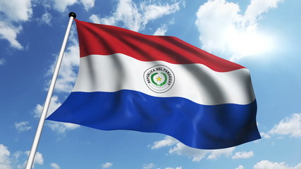 flag of Paraguay with fabric structure against a cloudy sky