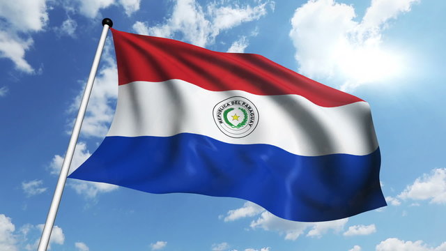 flag of Paraguay with fabric structure against a cloudy sky