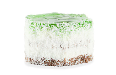 Fruit dessert hexagonal shape with a transparent green jelly and
