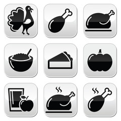 Thanksgiving Day food buttons set - turkey, pumpkin pie