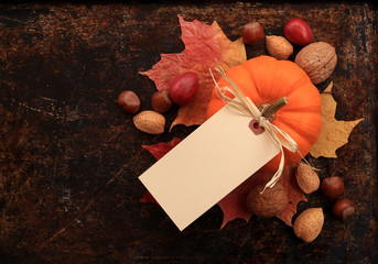 Blank cream tag on top of maple leaves, nuts and pumpkin - 71227999