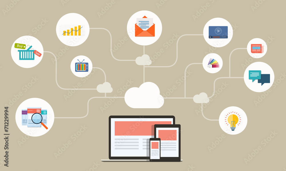 Poster working with computer device and connection to cloud computing  server concept