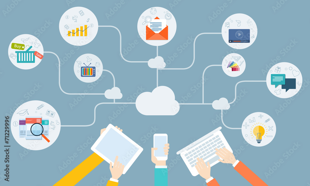 Poster business working online connection with computer device concept