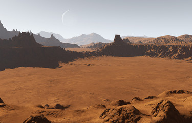 Naklejka premium Martian landscape with craters and moon